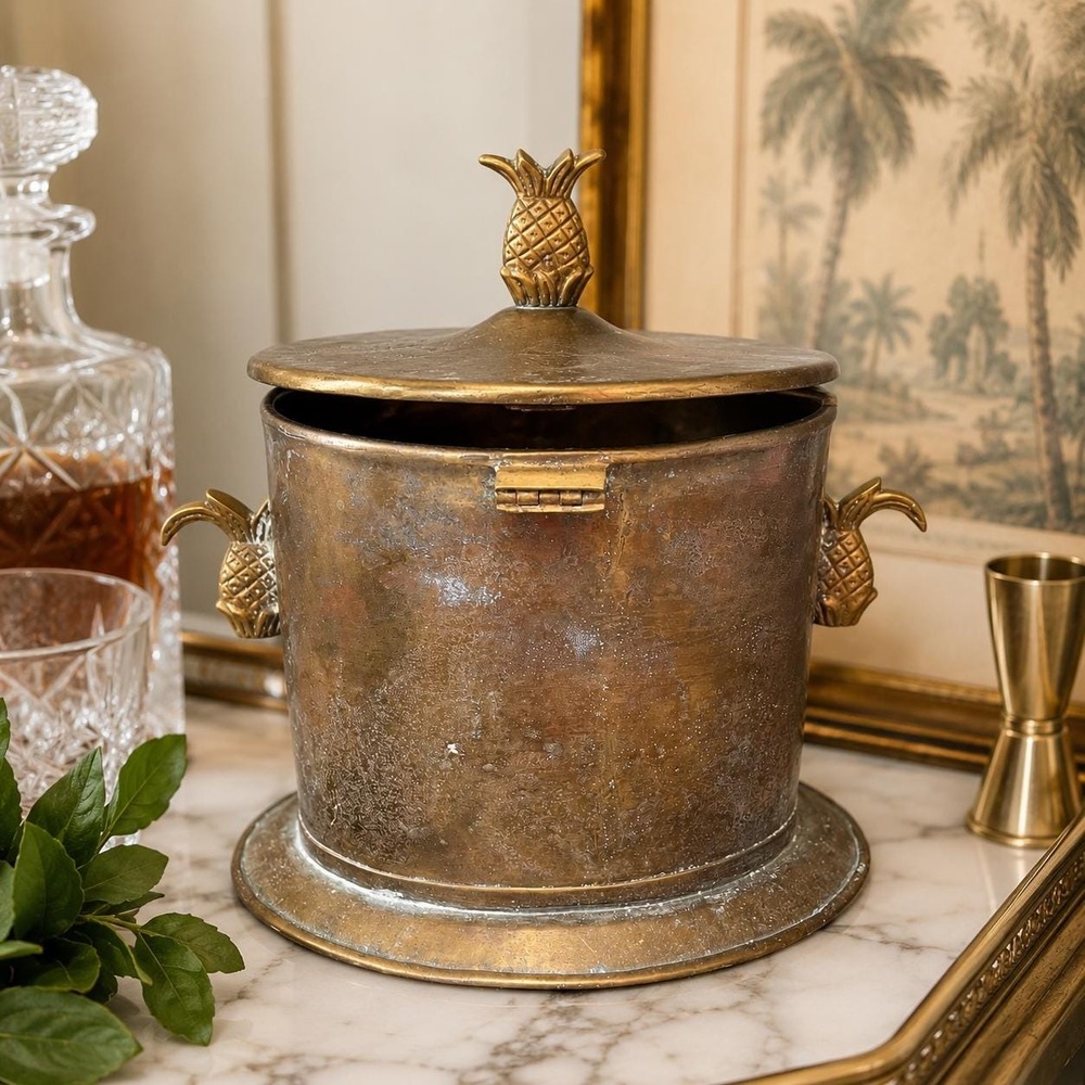 VTG Hammered Brass Pineapple Ice Bucket with Hinged Lid Hollywood Barware Cart
